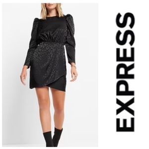 Express Satin Leopard Jacquard Puff Sleeve Mini Dress
